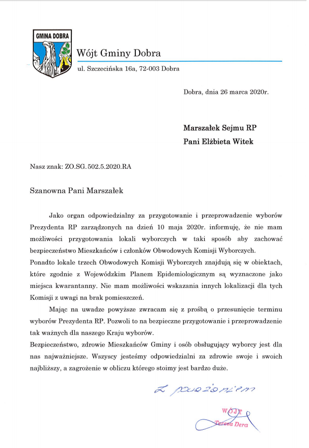 Pismo Wójta Gminy Dobra do Marszałek Sejmu