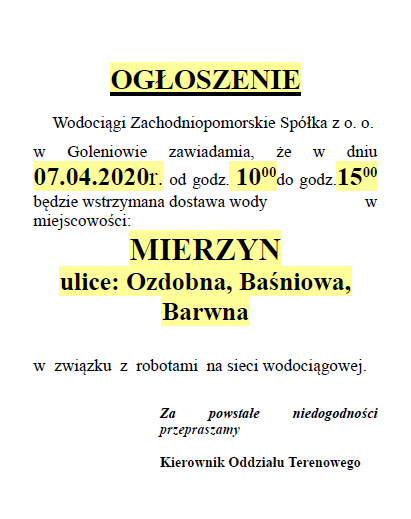 Wstrzymanie dostawy wody w Mierzynie - 07.04.2020