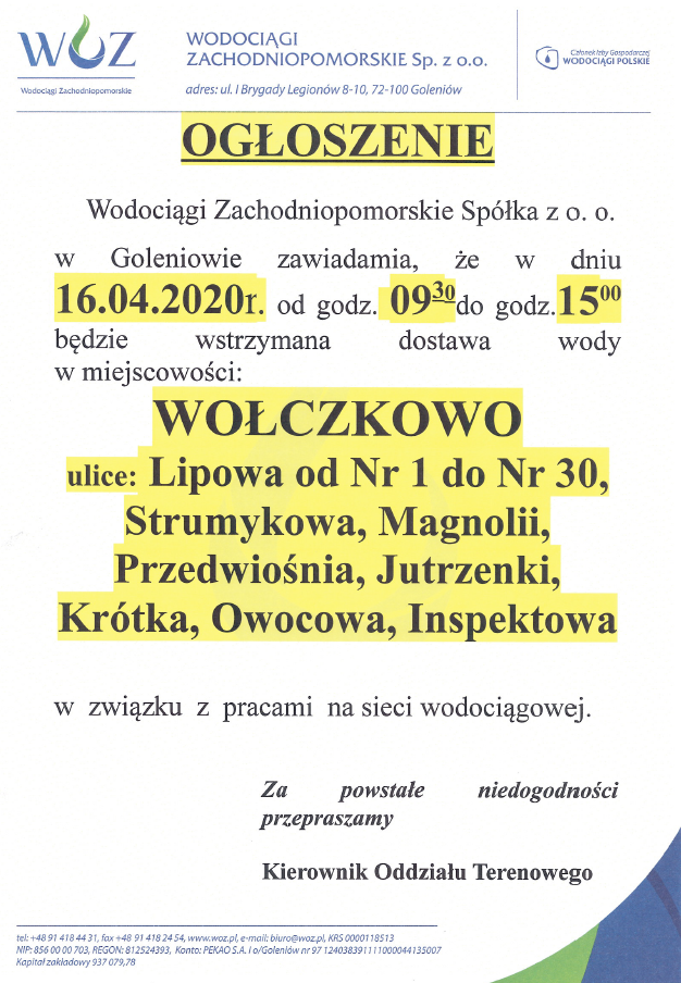 Wstrzymanie dostawy wody w Wołczkowie - 16.04.2020