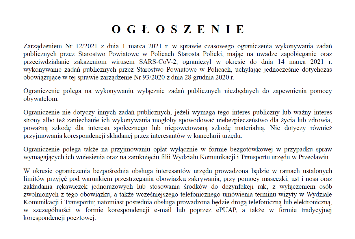 Ogłoszenie Starosty Polickiego z dnia 01.03.2021 r. w sprawie czasowego ograniczenia wykonywania zadań publicznych przez Starostwo Powiatowe