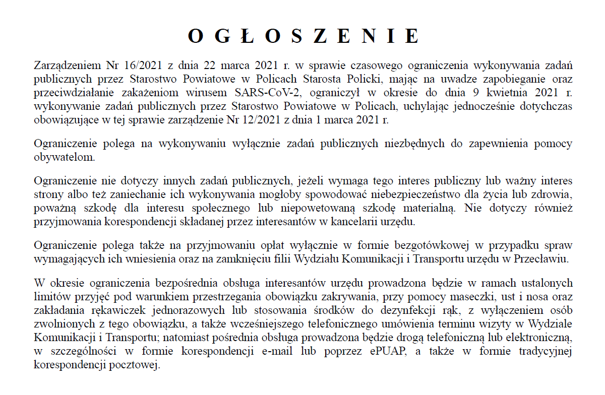 Ogłoszenie Starosty Polickiego z dnia 22.03.2021 r. w sprawie czasowego ograniczenia wykonywania zadań publicznych przez Starostwo Powiatowe
