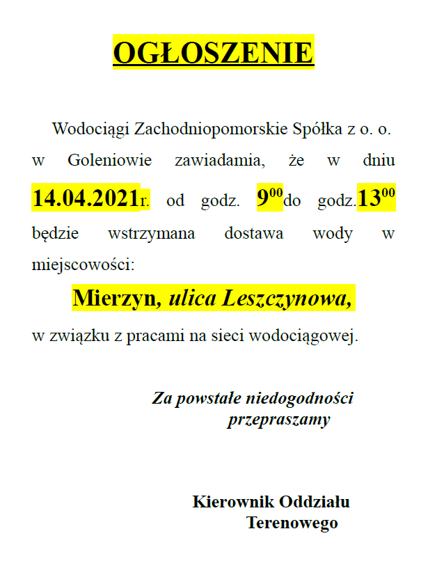 Wstrzymanie dostawy wody w Mierzynie - 14.04.2021
