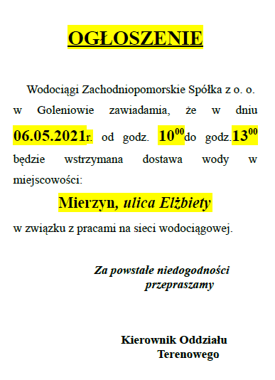 Wstrzymanie dostawy wody w Mierzynie - 06.05.2021r.