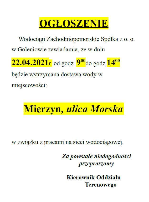 Wstrzymanie dostawy wody w Mierzynie - 22.04.2021 r.