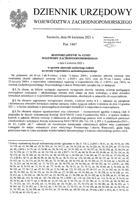 Rozporządzenie Nr 12/2021 Wojewody Zachodniopomorskiego z dnia 6 kwietnia 2021 w sprawie nakazu wykonania odstrzału sanitarnego dzików