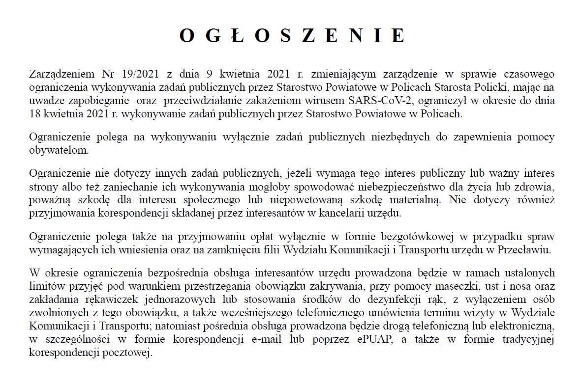 Ogłoszenie Starosty Polickiego z dnia 09.04.2021 r. w sprawie czasowego ograniczenia wykonywania zadań publicznych przez Starostwo Powiatowe