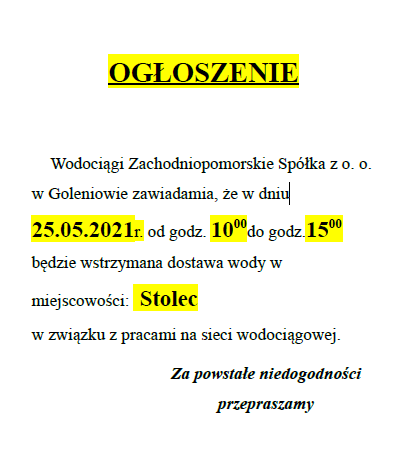 Wstrzymanie dostawy wody w Stolcu - 25.05.2021