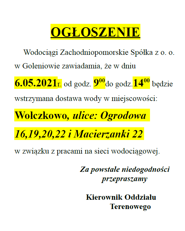 Wstrzymanie dostawy wody w Wołczkowie - 06.05.2021r