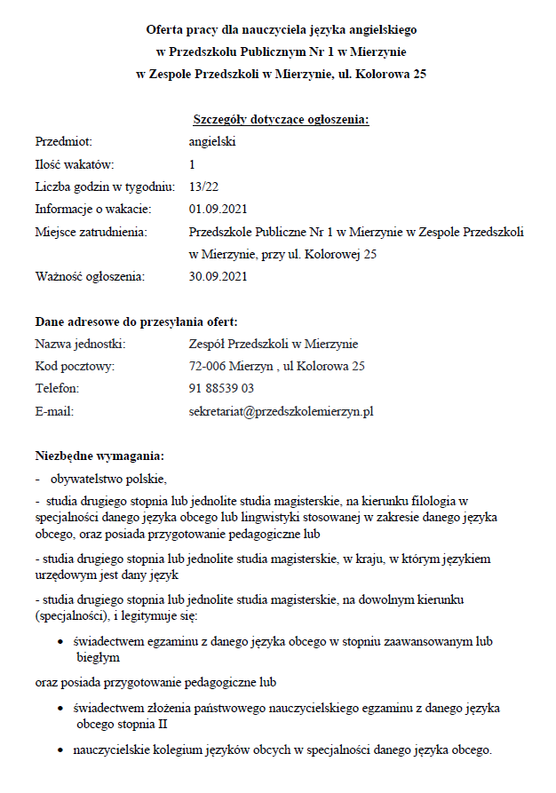 Oferta pracy dla nauczyciela języka angielskiego w Przedszkolu Publicznym Nr 1 w Mierzynie