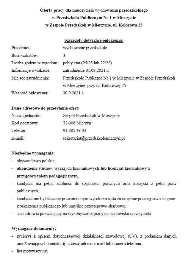 Oferta pracy dla nauczyciela wychowania przedszkolnego w Przedszkolu Publicznym Nr 1 w Mierzynie