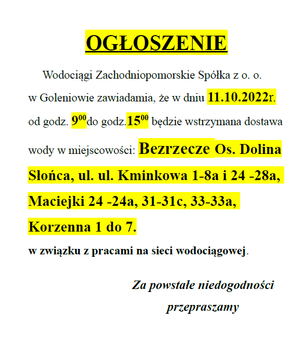 Wstrzymanie dostawy wody w Bezrzeczu w dniu 011.10.2022 r.