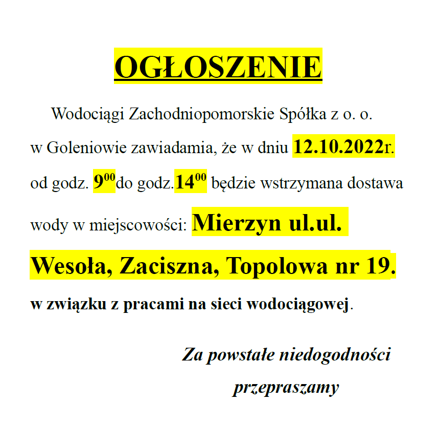 Wstrzymanie dostawy wody w Mierzynie w dniu 12.10.2022