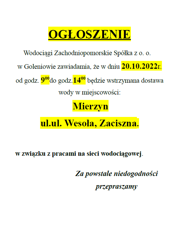 Wstrzymanie dostawy wody w Mierzynie w dniu 20.10.2022 r.