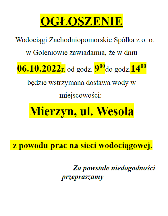 Wstrzymanie dostawy wody w Mierzynie w dniu 06.10.2022 r.