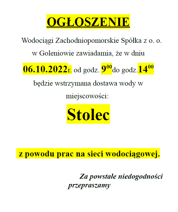 Wstrzymanie dostawy wody w Stolcu w dniu 06.10.2022 r.