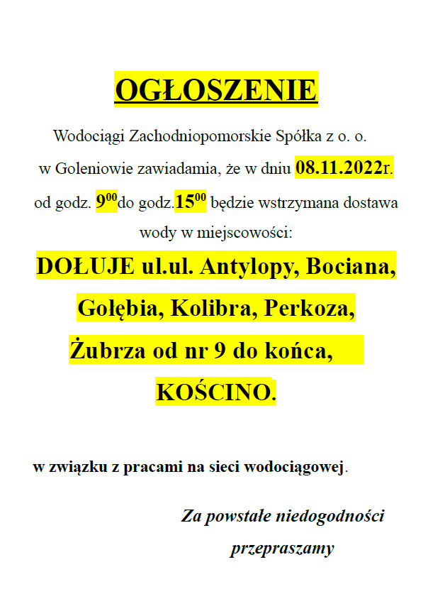 Wstrzymanie dostawy wody w Dołujach i Kościnie w dniu 08.11.2022r.