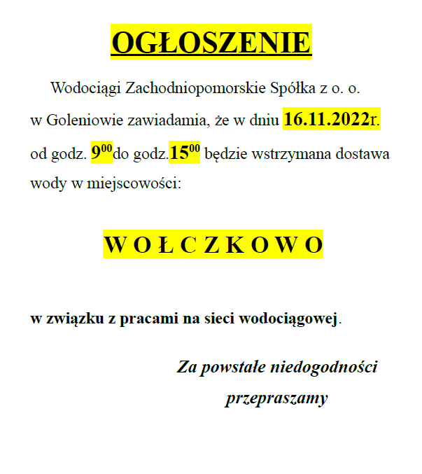 Wstrzymanie dostawy wody w Wołczkowie w dniu 16.11.2022 r.