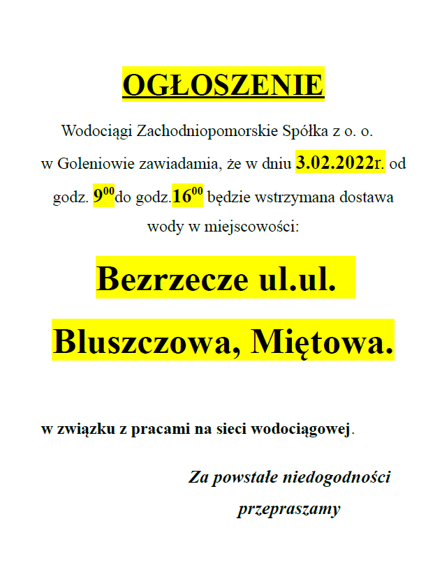 Wstrzymanie dostawy wody w Bezrzeczu w dniu 03.02.2022