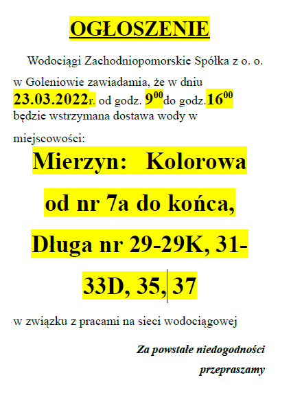 Wstrzymanie dostawy wody w Mierzynie w dniu 23.03.2022 r.