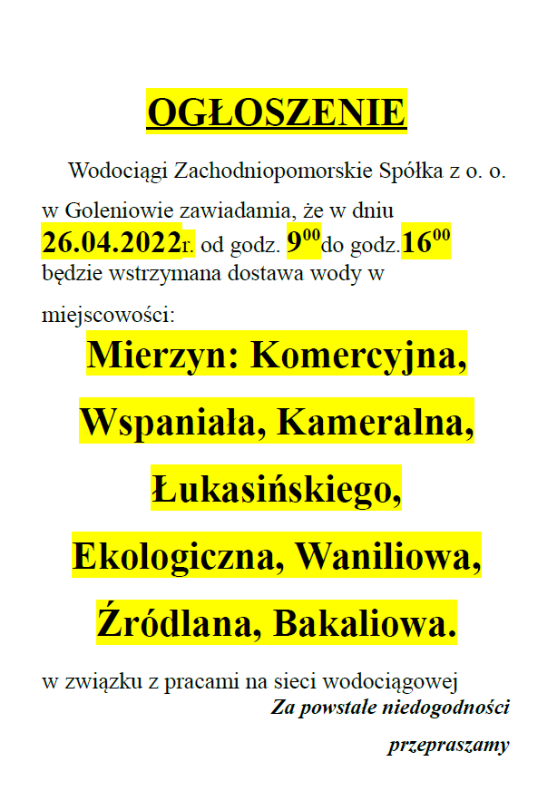 Wstrzymanie dostawy wody w Mierzynie w dniu 26.04.2022
