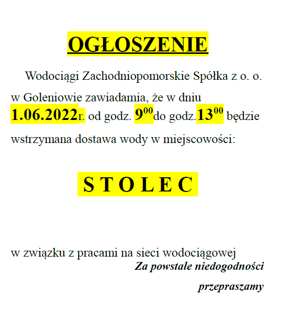 Wstrzymanie dostawy wody w Stolcu w dniu 01.06.2022 r.