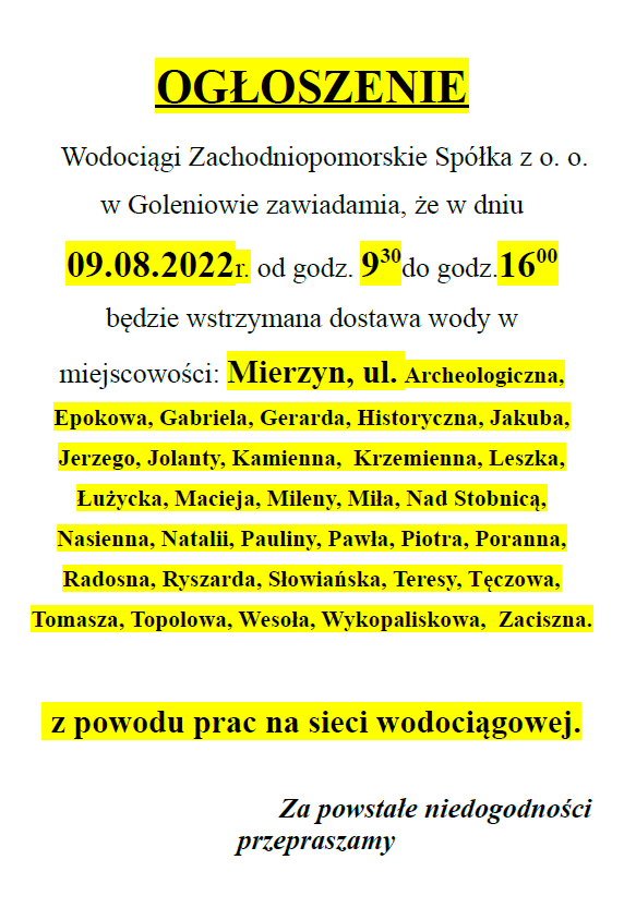 Wstrzymanie dostawy wody w Mierzynie w dniu 09.08.2022r.