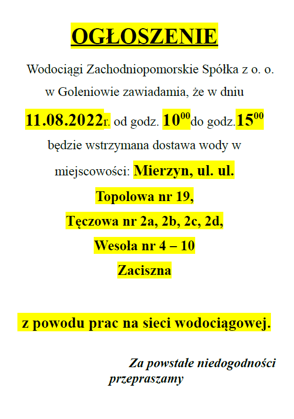 Wstrzymanie dostawy wody w Mierzynie w dniu 11.08.2022r.