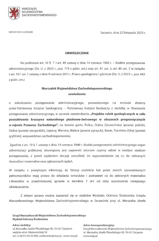 Obwieszczenie Marszałka Województwa Zachodniopomorskiego o zakończeniu postępowania administracyjnego