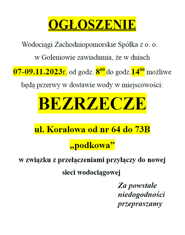 Przerwy w dostawie wody w Bezrzeczu w dniach 7 - 9.11.2023 r.