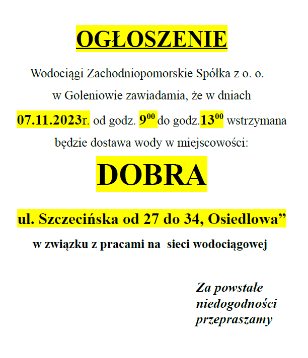 Wstrzymanie dostawy wody w Dobrej w dniu 7.11.2023 r.