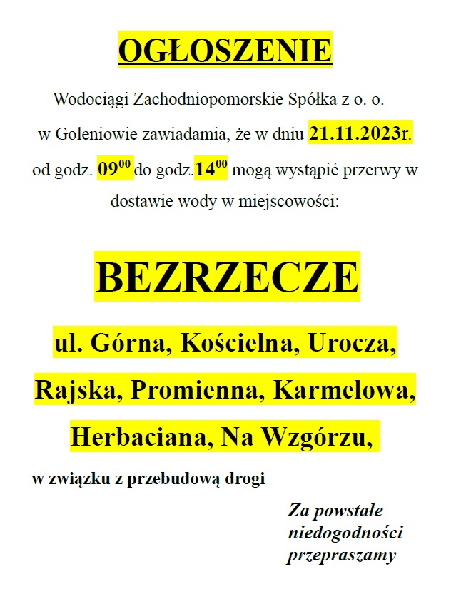 Wstrzymanie dostawy wody w Bezrzeczu w dniu 21.11.2023 r.