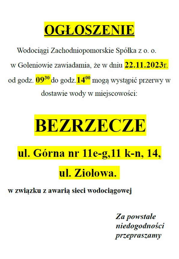 Wstrzymanie dostawy wody w Bezrzeczu w dniu 22.11.2023 r.