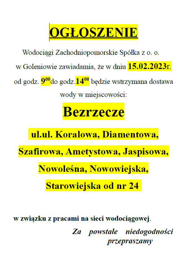 Wstrzymanie dostawy wody w Bezrzeczu w dniu 15.02.2023 r.