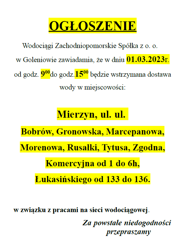 Wstrzymanie dostawy wody w Mierzynie w dniu 01.03.2023 r.