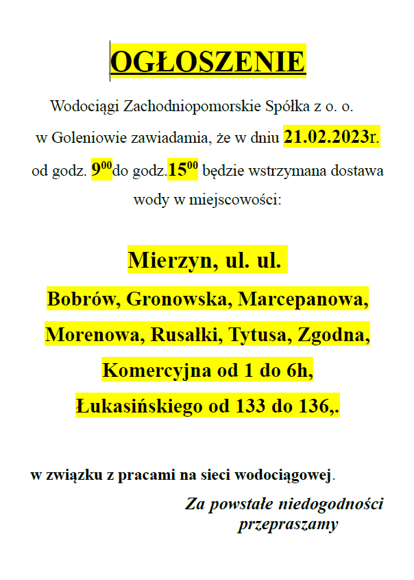 Wstrzymanie dostawy wody w Mierzynie w dniu 21.02.2023 r.