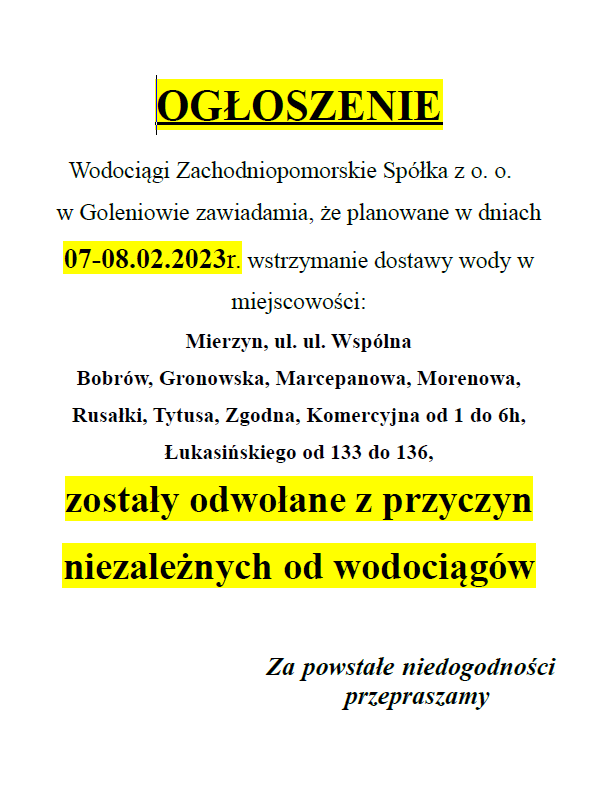 Wstrzymanie dostawy wody w Mierzynie w dniach 7-8.02.2023 r. odwołane