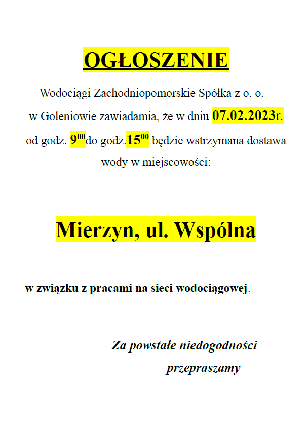 Wstrzymanie dostawy wody w Mierzynie w dniu 07.02.2023 r.