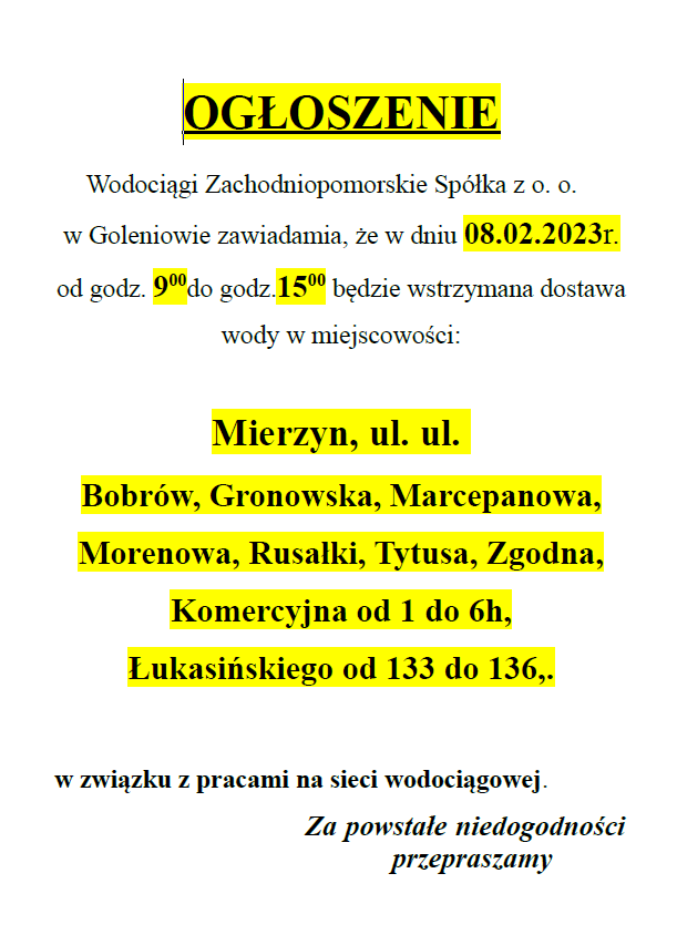 Wstrzymanie dostawy wody w Mierzynie w dniu 08.02.2023 r.
