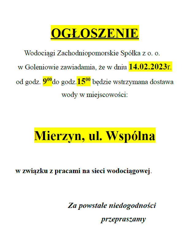 Wstrzymanie dostawy wody w Mierzynie w dniu 14.02.2023 r.