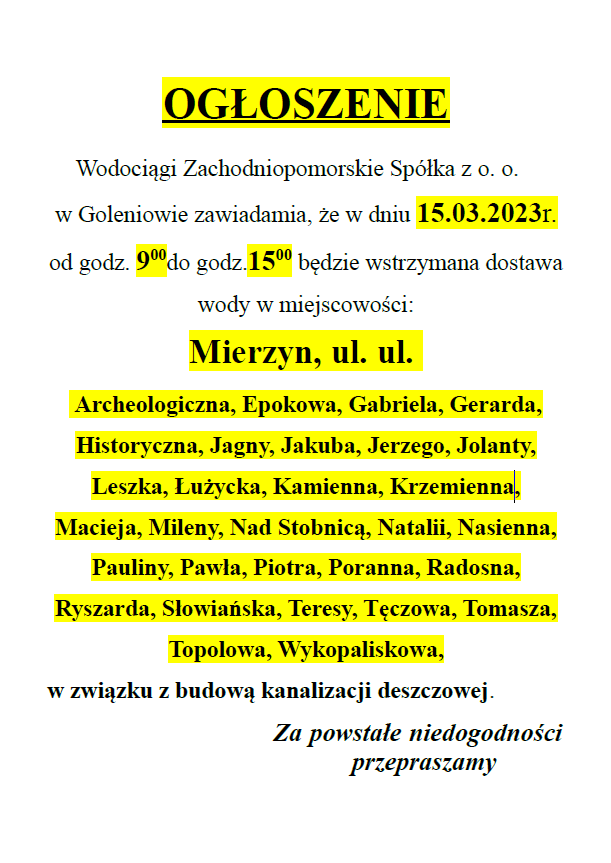 Wstrzymanie dostawy wody w Mierzynie w dniu 15.03.2023 r.