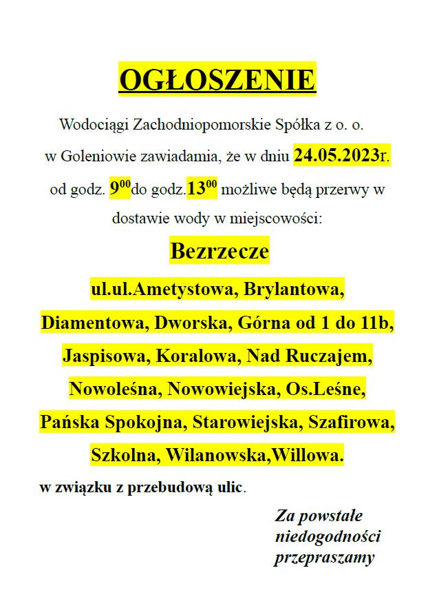 Wstrzymanie dostawy wody w Bezrzeczu w dniu 24.05.2023 r.