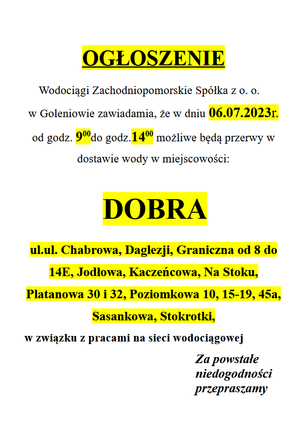 Wstrzymanie dostawy wody w Dobrej w dniu 06.07.2023 r.