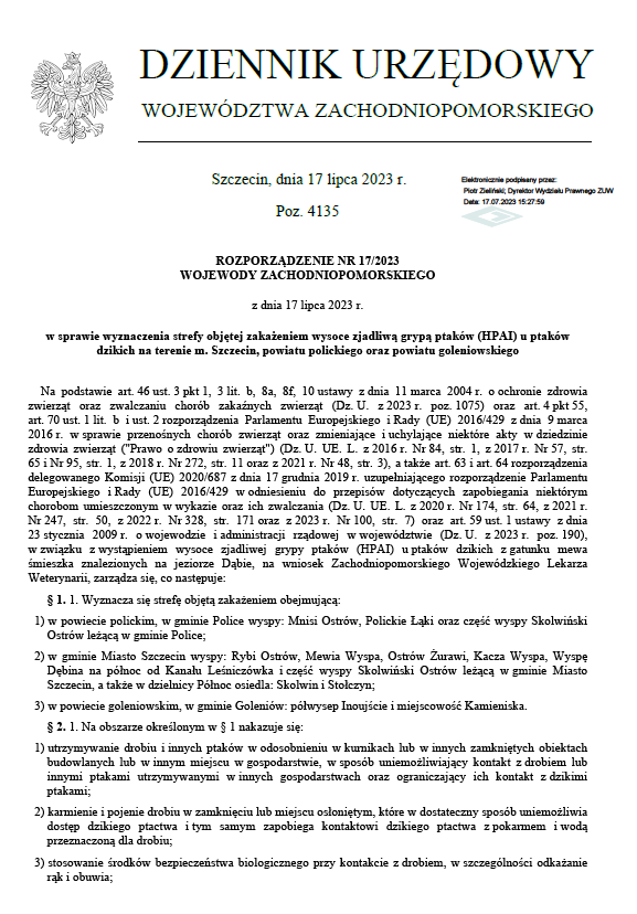 Rozporządzenie Nr 17/2023 Wojewody Zachodniopomorskiego w sprawie wyznaczenia strefy objętej zakażeniem wysoce zjadliwą grypą ptaków (HPAI) 