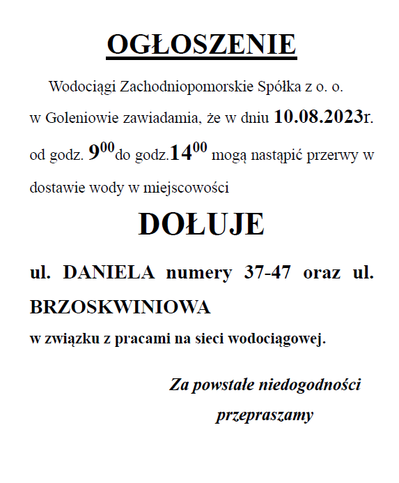 Wstrzymanie dostawy wody w Dołujach w dniu 10.08.2023 r. 