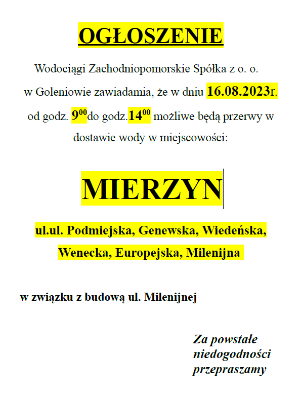 Wstrzymanie dostawy wody w Mierzynie w dniu 16.08.2023 r.