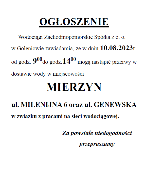 Wstrzymanie dostawy wody w Mierzynie w dniu 10.08.2023 r.