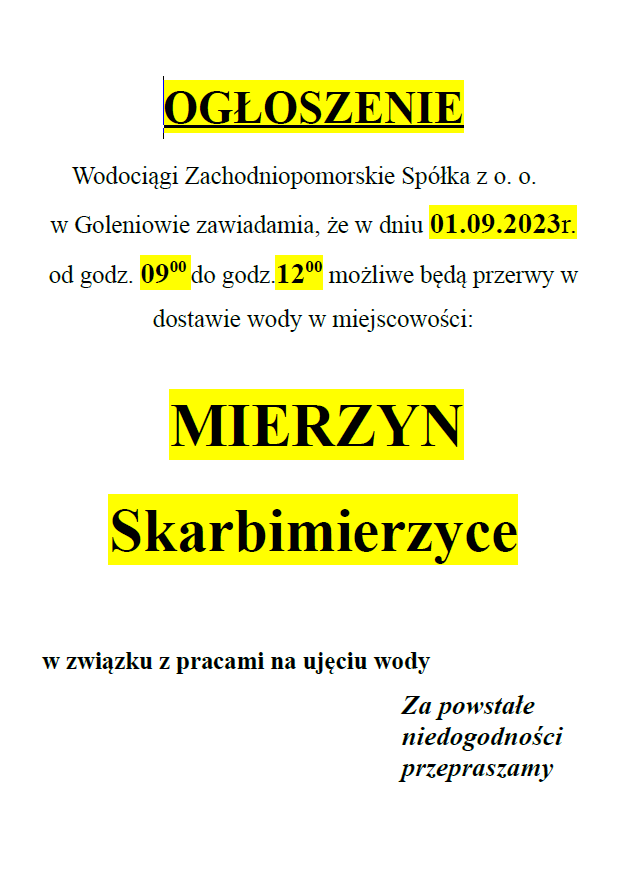 Możliwe przerwy w dostawie wody w Mierzynie i Skarbimierzycach