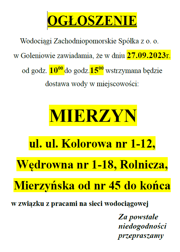 Wstrzymanie dostawy wody w Mierzynie w dniu 27.09.2023 r.
