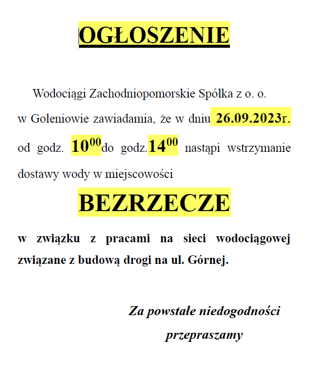 Wstrzymanie dostawy wody w Bezrzeczu w dniu 26.09.2023 r.