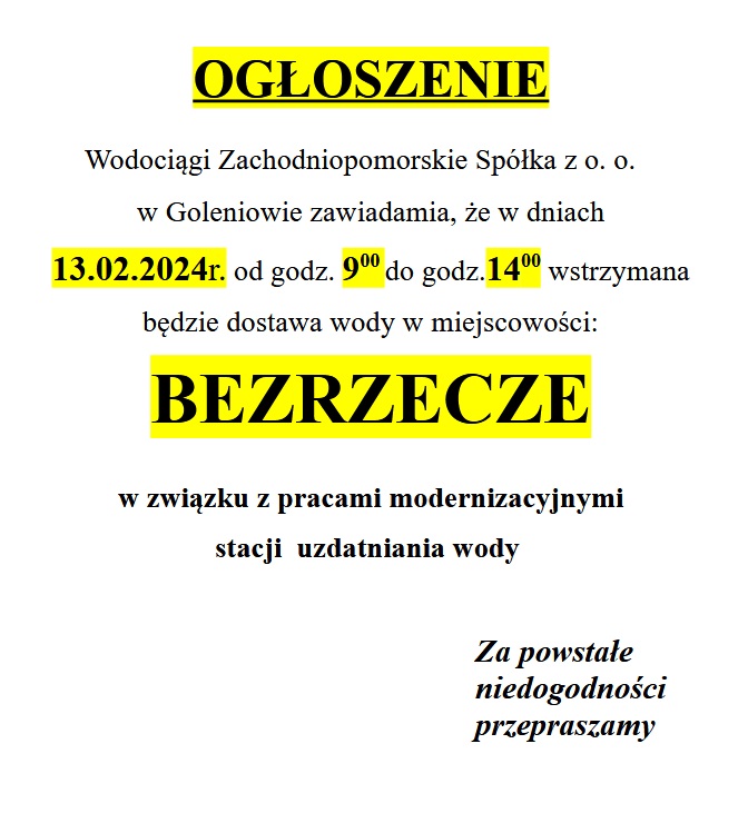 Wstrzymanie dostawy wody w Bezrzeczu w dniu 13.02.2024 r.